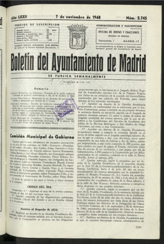 Miniatura de Boletín oficial del Ayuntamiento del 7 de noviembre de 1968, nº 3745