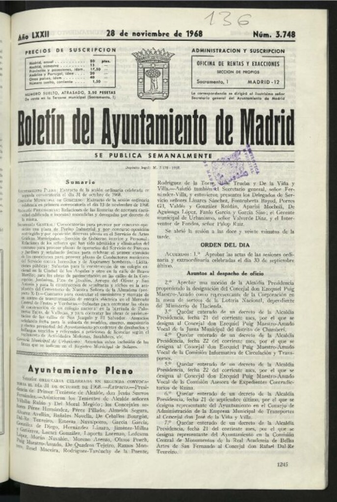 Miniatura de Boletín oficial del Ayuntamiento del 28 de noviembre de 1968, nº 3748