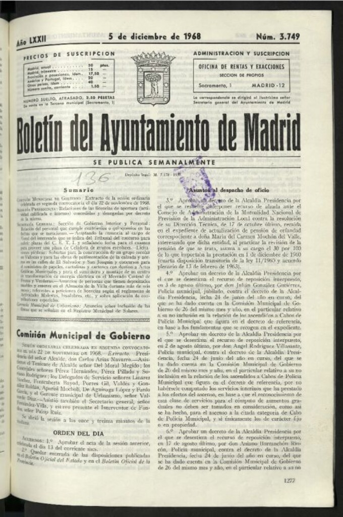 Miniatura de Boletín oficial del Ayuntamiento del 5 de diciembre de 1968, nº 3749