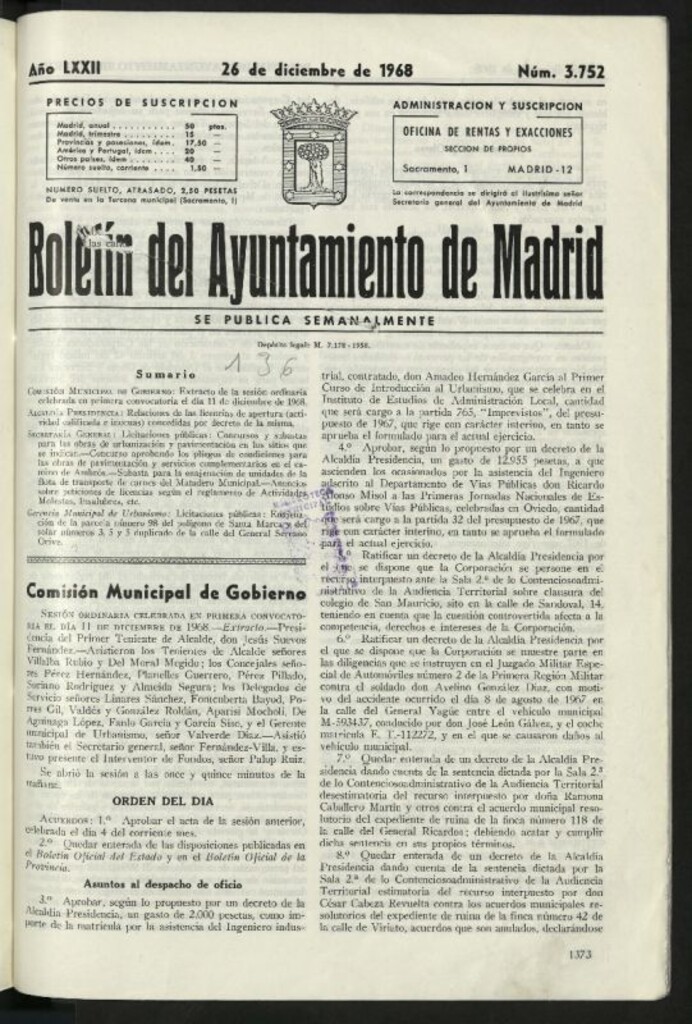 Miniatura de Boletín oficial del Ayuntamiento del 26 de diciembre de 1968, nº 3752