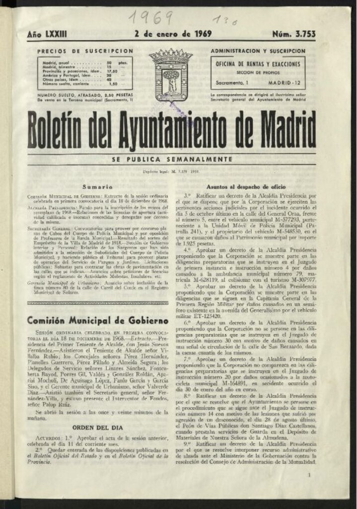 Miniatura de Boletín oficial del Ayuntamiento del 2 de enero de 1969, nº 3753