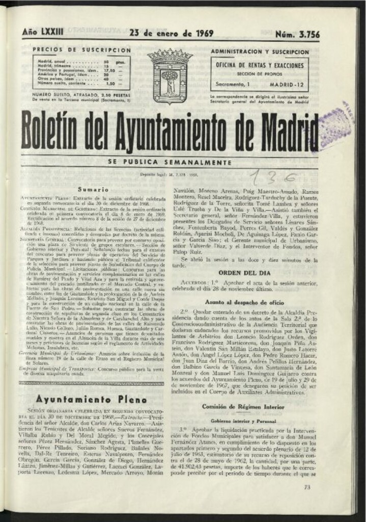 Miniatura de Boletín oficial del Ayuntamiento del 23 de enero de 1969, nº 3756