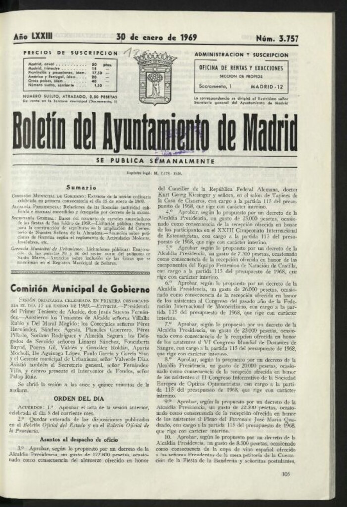 Miniatura de Boletín oficial del Ayuntamiento del 30 de enero de 1969, nº 3757