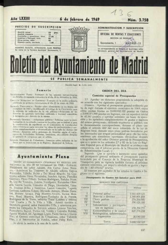 Miniatura de Boletín oficial del Ayuntamiento del 6 de febrero de 1969, nº 3758