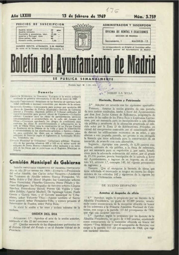 Miniatura de Boletín oficial del Ayuntamiento del 13 de febrero de 1969, nº 3759