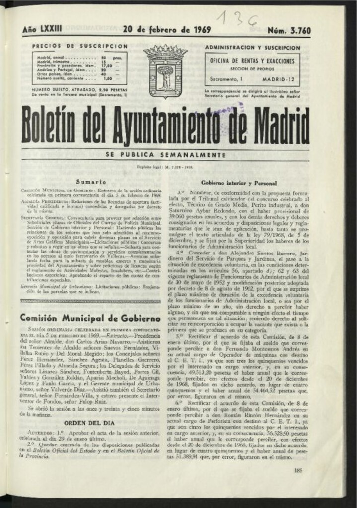 Miniatura de Boletín oficial del Ayuntamiento del 20 de febrero de 1969, nº 3760