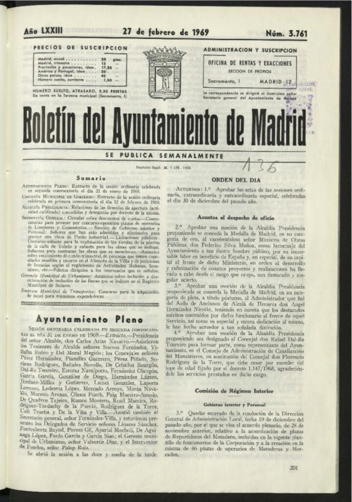 Miniatura de Boletín oficial del Ayuntamiento del 27 de febrero de 1969, nº 3761