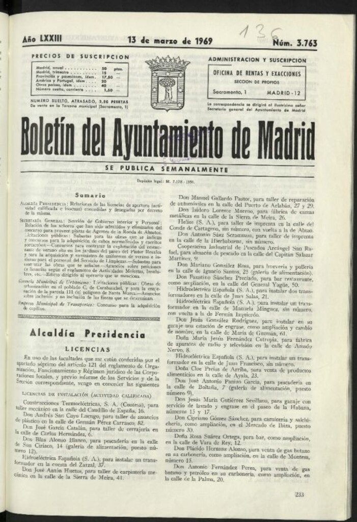 Miniatura de Boletín oficial del Ayuntamiento del 13 de marzo de 1969, nº 3763