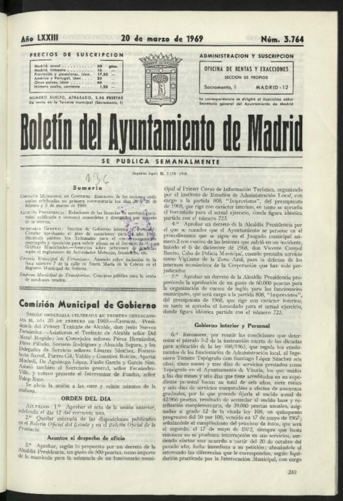 Miniatura de Boletín oficial del Ayuntamiento del 20 de marzo de 1969, nº 3764