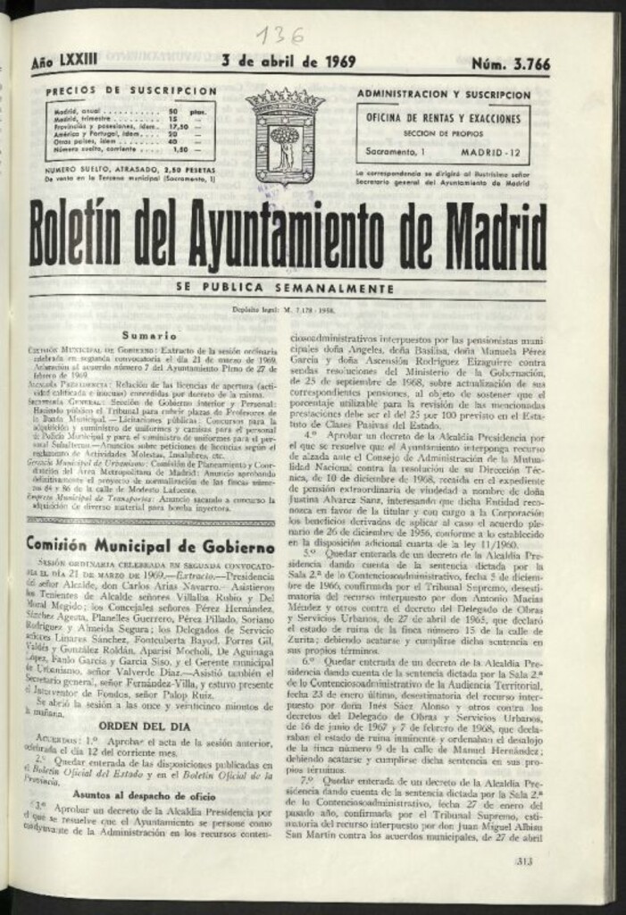 Miniatura de Boletín oficial del Ayuntamiento del 3 de abril de 1969, nº 3766