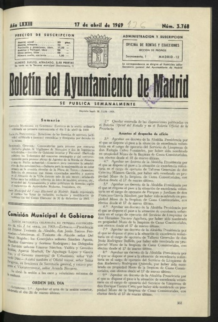 Miniatura de Boletín oficial del Ayuntamiento del 17 de abril de 1969, nº 3768