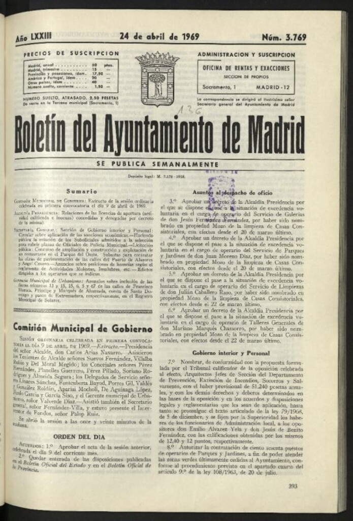 Miniatura de Boletín oficial del Ayuntamiento del 24 de abril de 1969, nº 3769