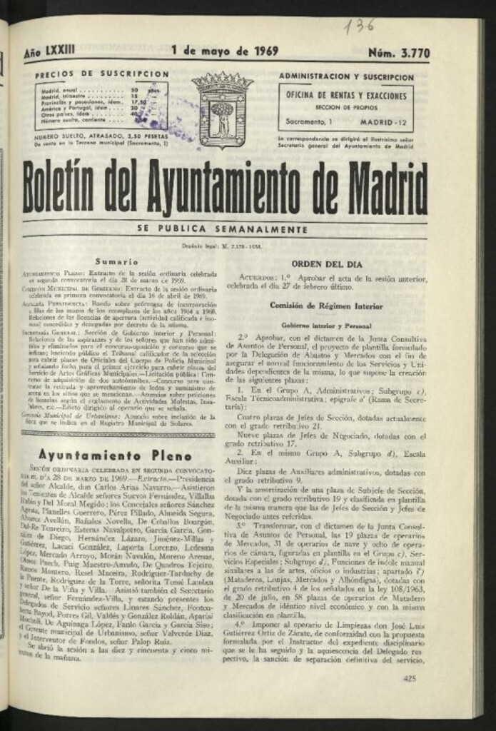 Miniatura de Boletín oficial del Ayuntamiento del 1 de mayo de 1969, nº 3770
