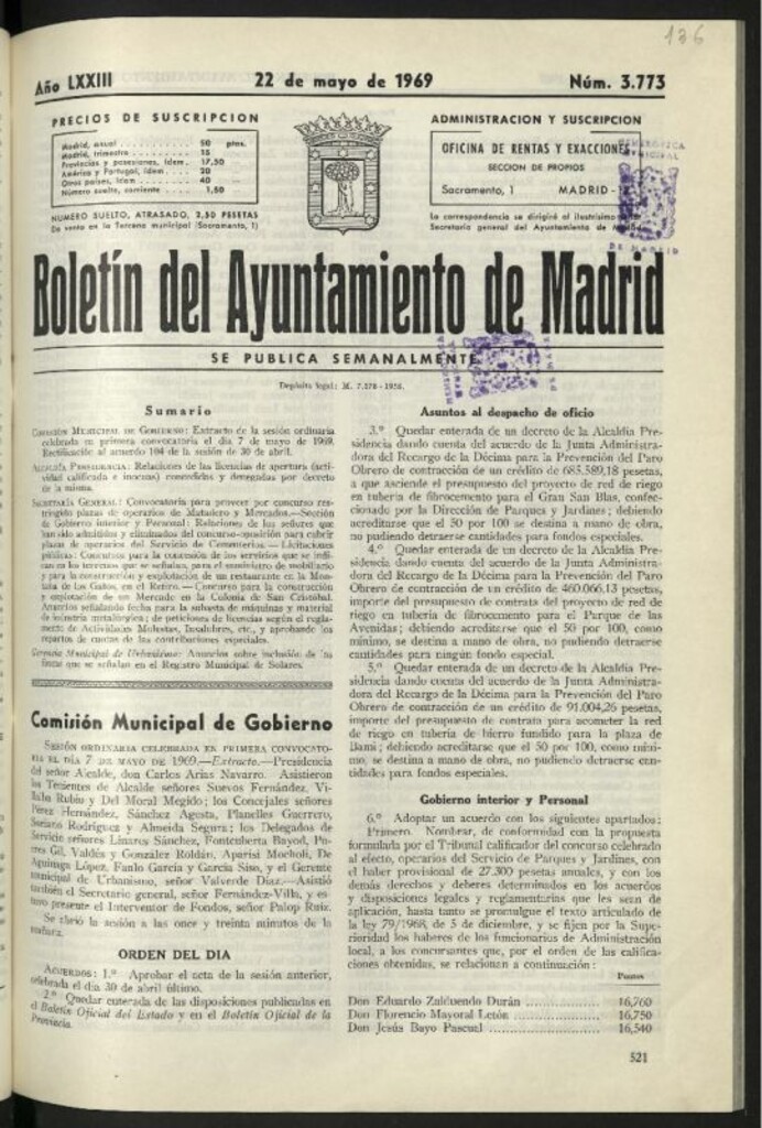 Miniatura de Boletín oficial del Ayuntamiento del 22 de mayo de 1969, nº 3773