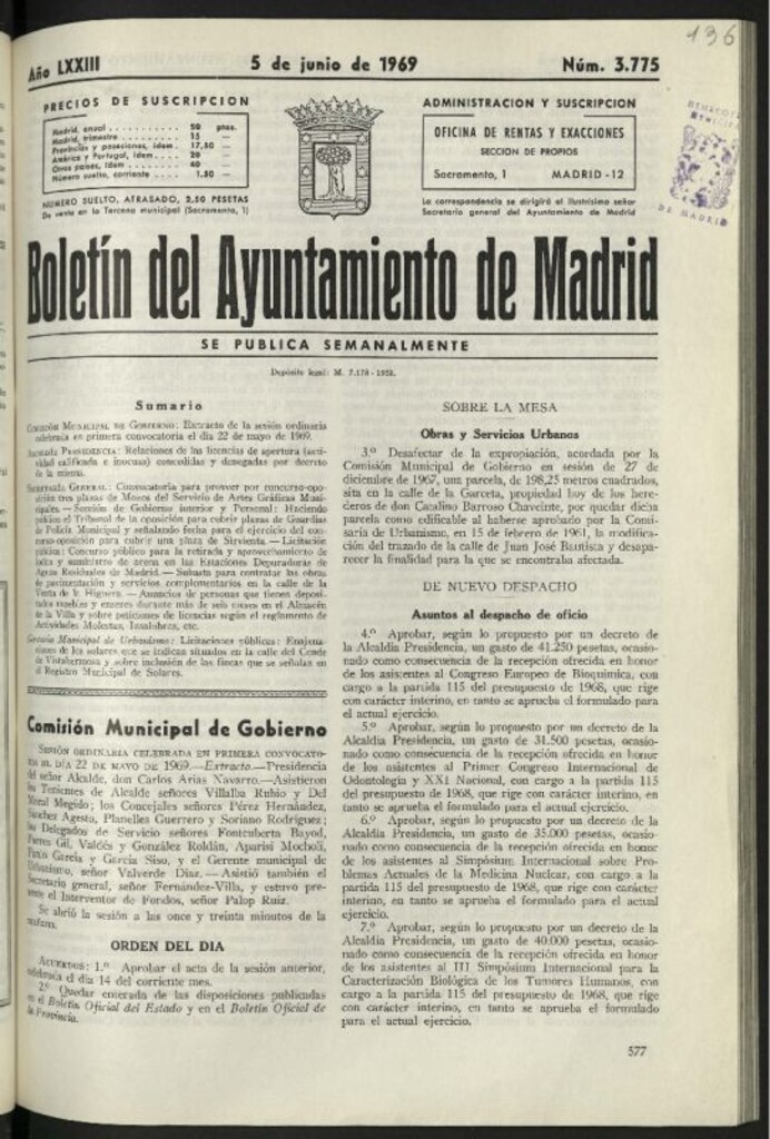 Miniatura de Boletín oficial del Ayuntamiento del 5 de junio de 1969, nº 3775