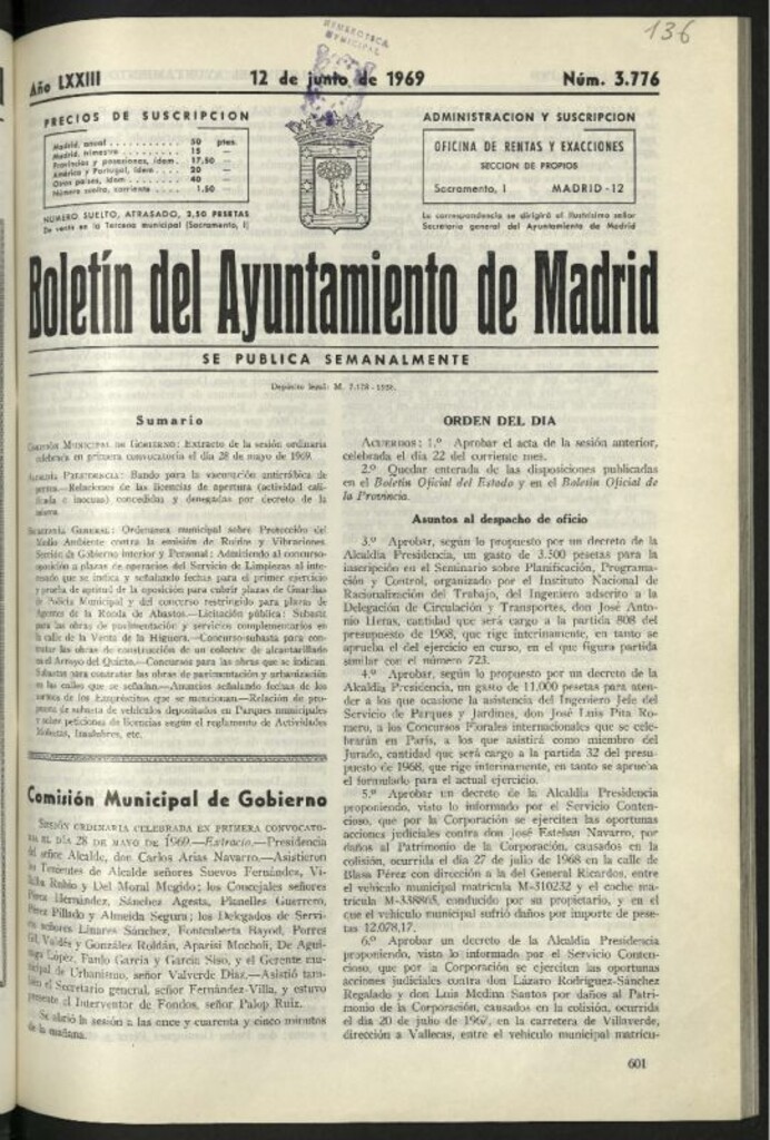 Miniatura de Boletín oficial del Ayuntamiento del 12 de junio de 1969, nº 3776