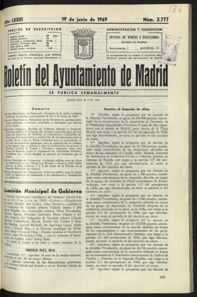 Miniatura de Boletín oficial del Ayuntamiento del 19 de junio de 1969, nº 3777