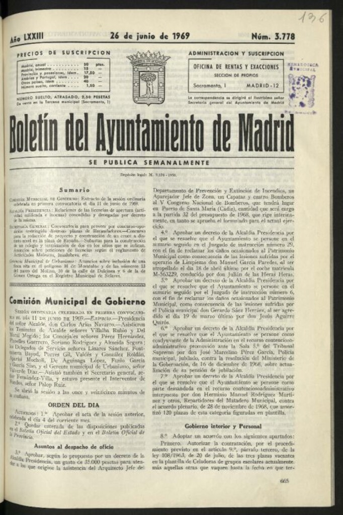 Miniatura de Boletín oficial del Ayuntamiento del 26 de junio de 1969, nº 3778