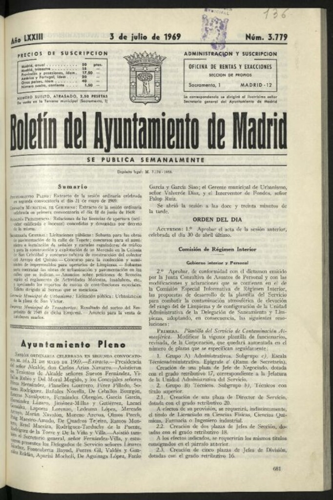 Miniatura de Boletín oficial del Ayuntamiento del 3 de julio de 1969, nº 3779
