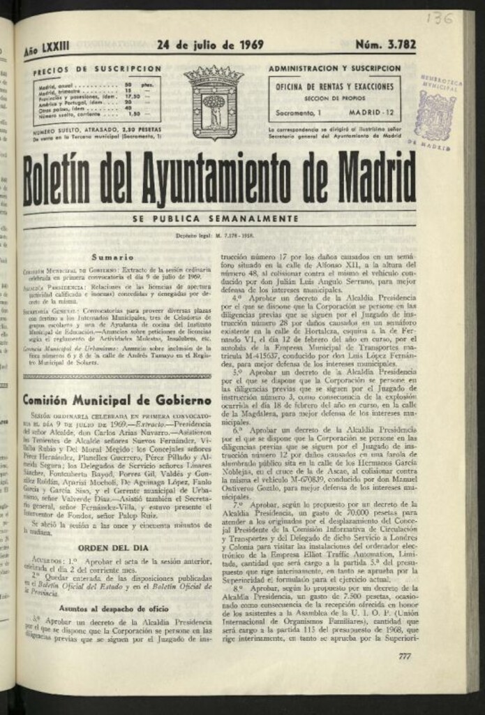 Miniatura de Boletín oficial del Ayuntamiento del 24 de julio de 1969, nº 3782