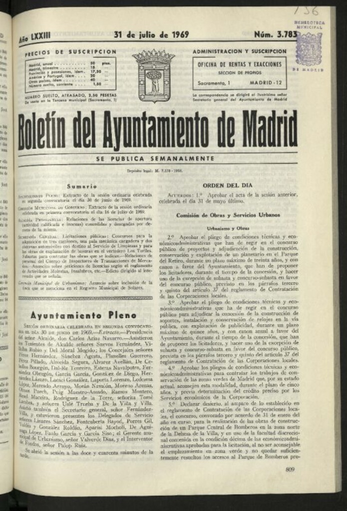 Miniatura de Boletín oficial del Ayuntamiento del 31 de julio de 1969, nº 3783