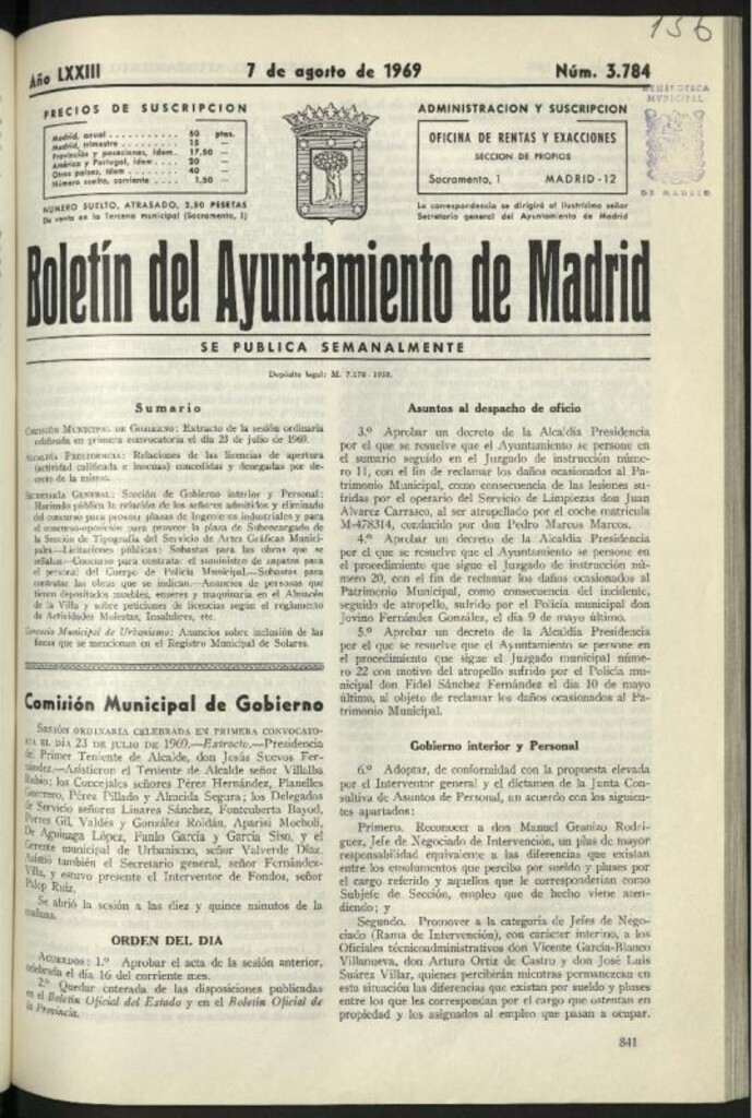 Miniatura de Boletín oficial del Ayuntamiento del 7 de agosto de 1969, nº 3784