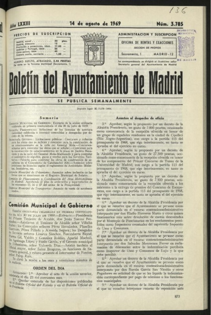 Miniatura de Boletín oficial del Ayuntamiento del 14 de agosto de 1969, nº 3785