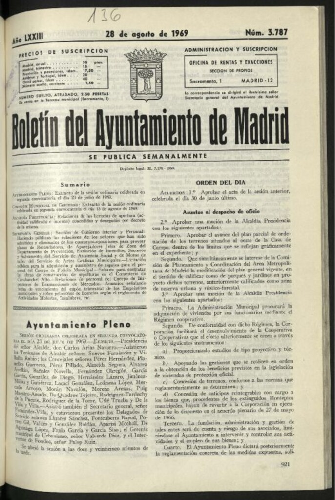 Miniatura de Boletín oficial del Ayuntamiento del 28 de agosto de 1969, nº 3787