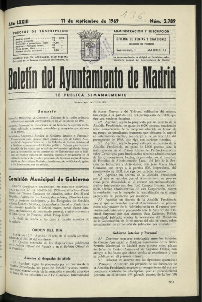 Miniatura de Boletín oficial del Ayuntamiento del 11 de septiembre de 1969, nº 3789
