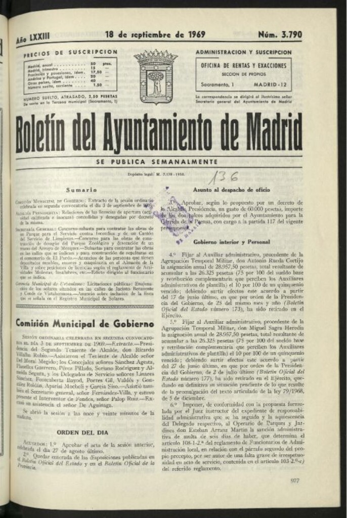 Miniatura de Boletín oficial del Ayuntamiento del 18 de septiembre de 1969, nº 3790