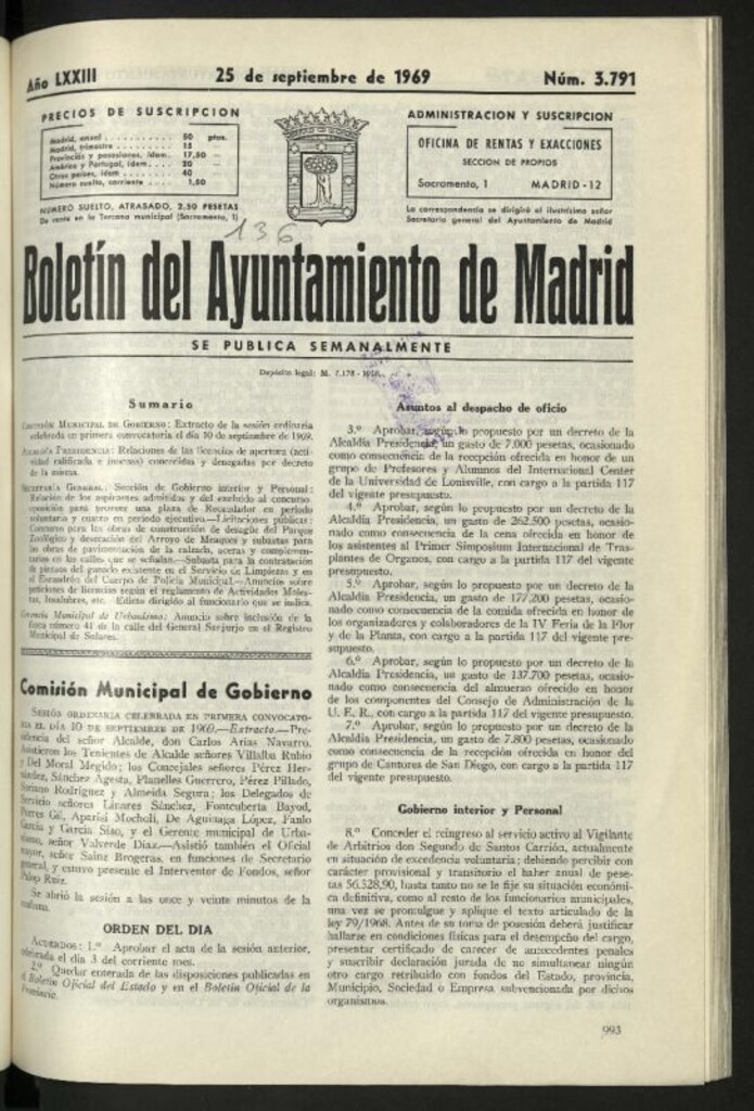 Miniatura de Boletín oficial del Ayuntamiento del 25 de septiembre de 1969, nº 3791