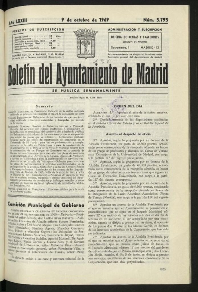 Miniatura de Boletín oficial del Ayuntamiento del 9 de octubre de 1969, nº 3793