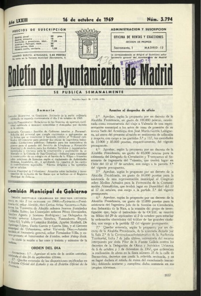 Miniatura de Boletín oficial del Ayuntamiento del 16 de octubre de 1969, nº 3794