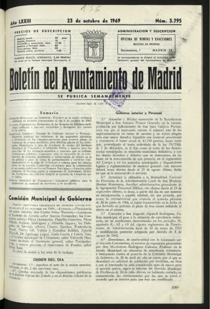 Miniatura de Boletín oficial del Ayuntamiento del 23 de octubre de 1969, nº 3795