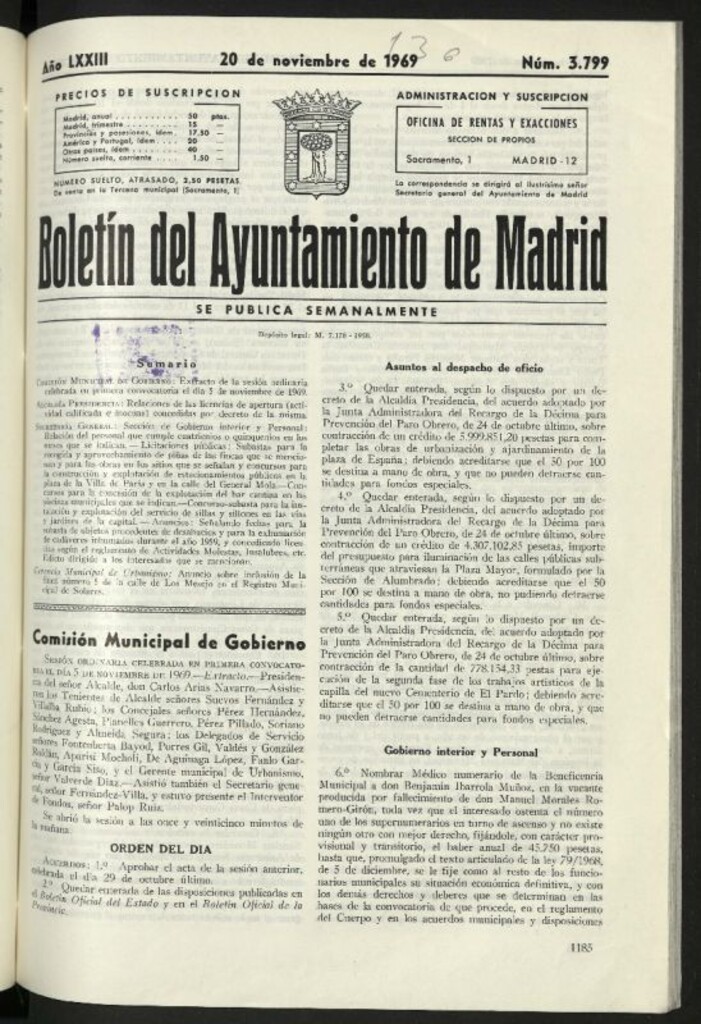 Miniatura de Boletín oficial del Ayuntamiento del 20 de noviembre de 1969, nº 3799