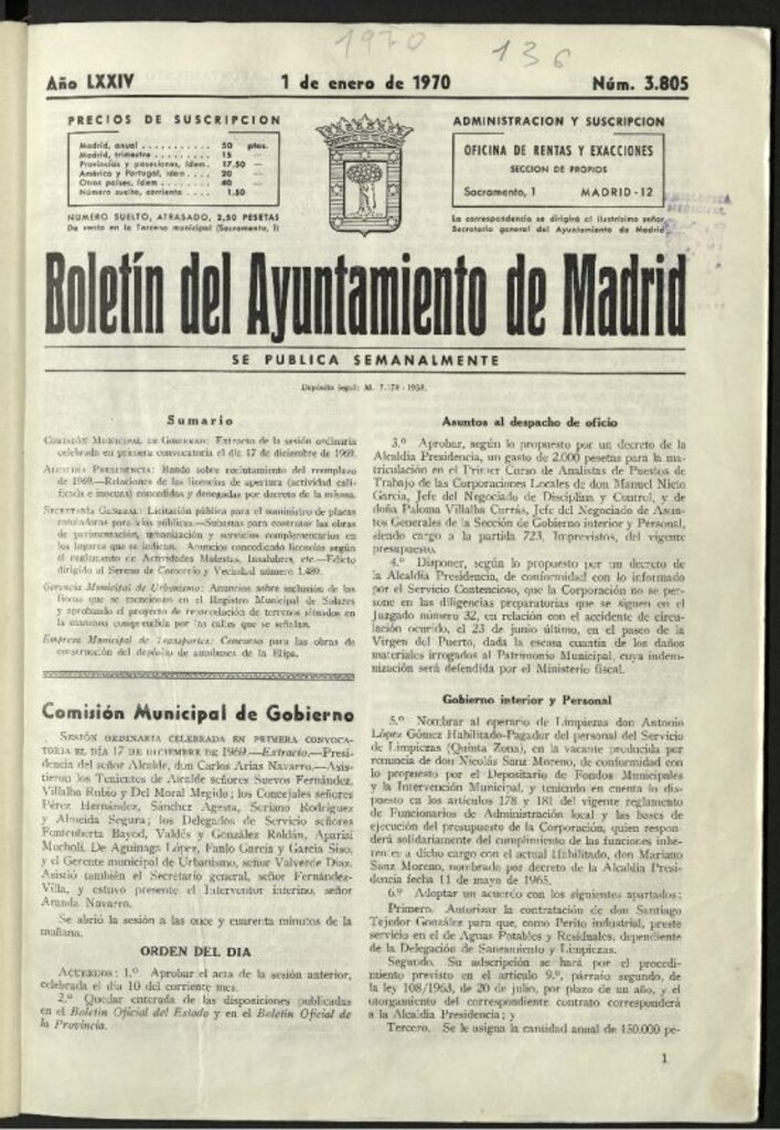 Miniatura de Boletín oficial del Ayuntamiento del 1 de enero de 1970, nº 3805