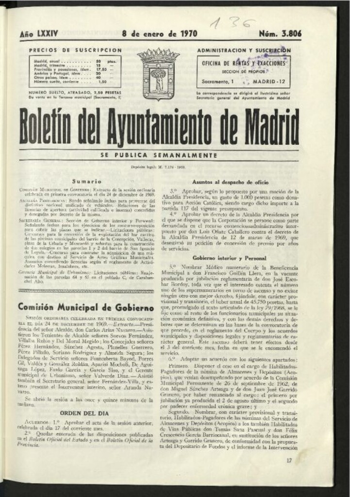 Miniatura de Boletín oficial del Ayuntamiento del 8 de enero de 1970, nº 3806