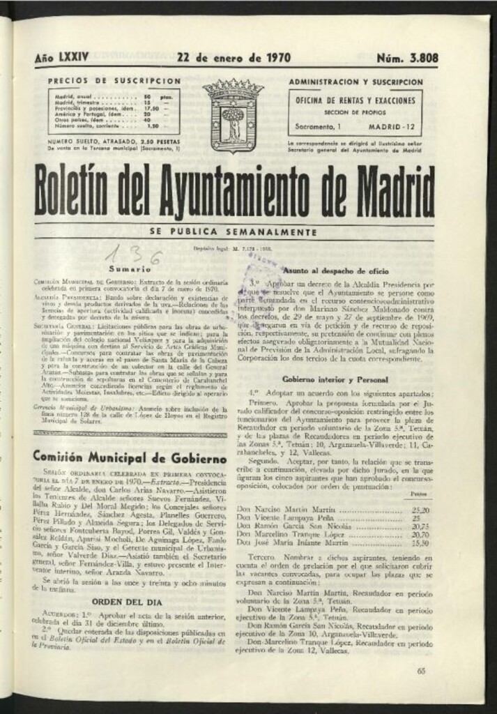 Miniatura de Boletín oficial del Ayuntamiento del 22 de enero de 1970, nº 3808