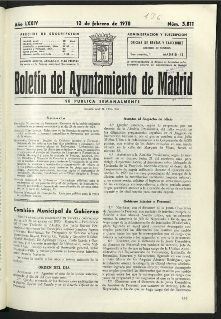 Miniatura de Boletín oficial del Ayuntamiento del 12 de febrero de 1970, nº 3811