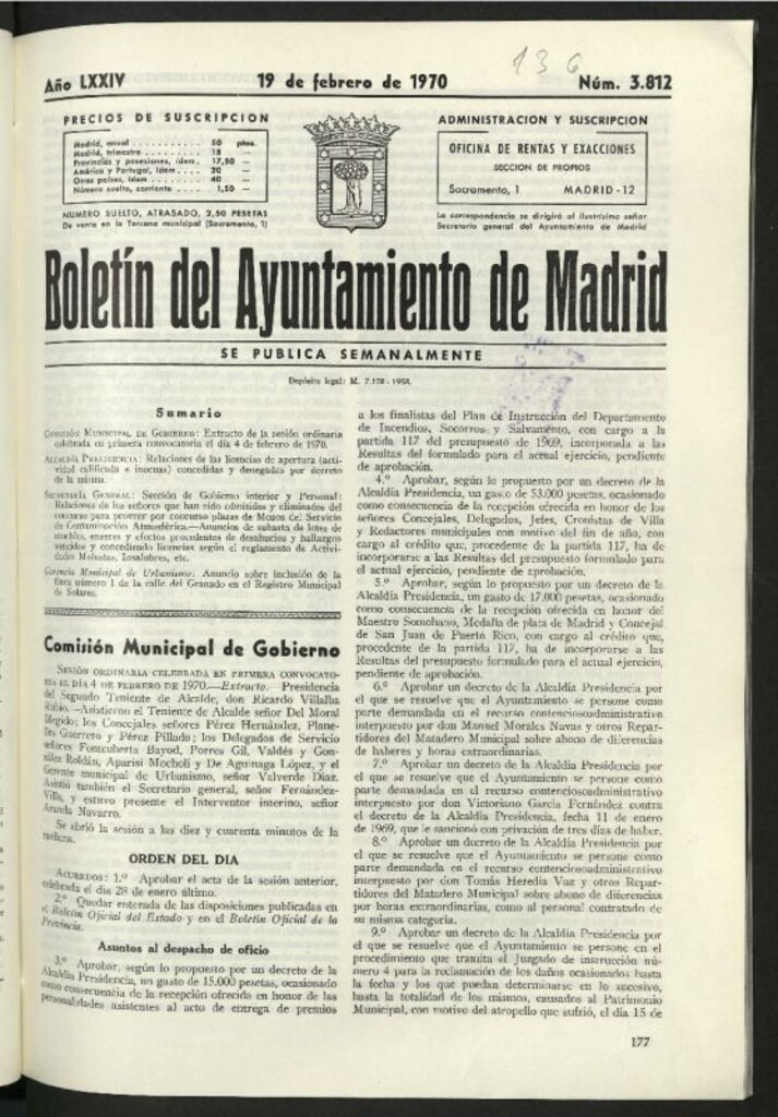Miniatura de Boletín oficial del Ayuntamiento del 19 de febrero de 1970, nº 3812