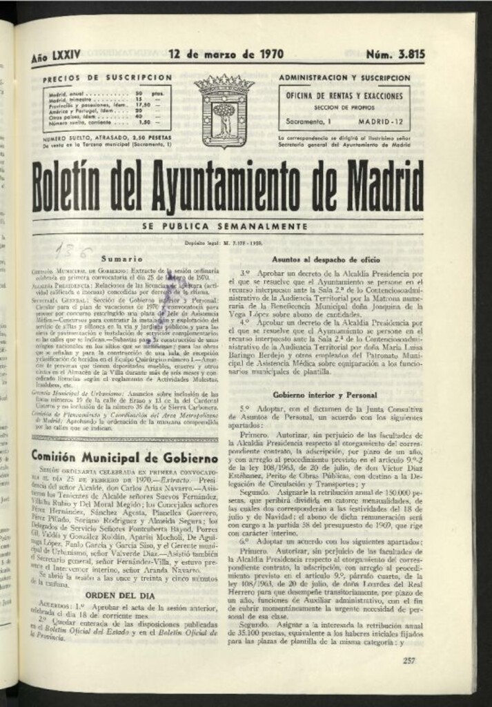 Miniatura de Boletín oficial del Ayuntamiento del 12 de marzo de 1970, nº 3815