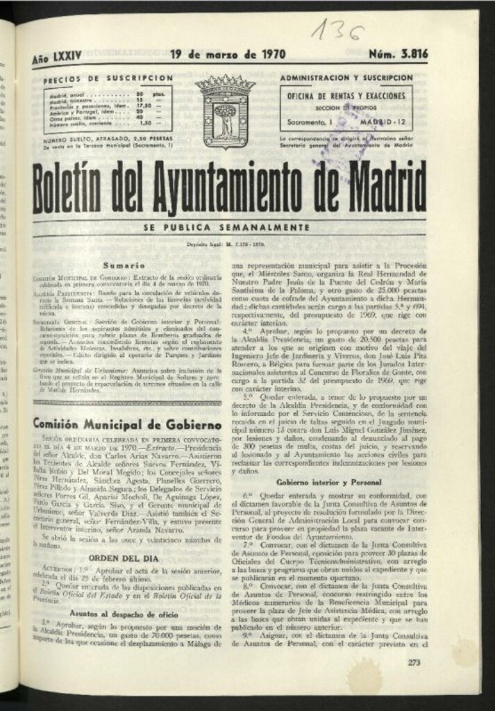 Miniatura de Boletín oficial del Ayuntamiento del 19 de marzo de 1970, nº 3816