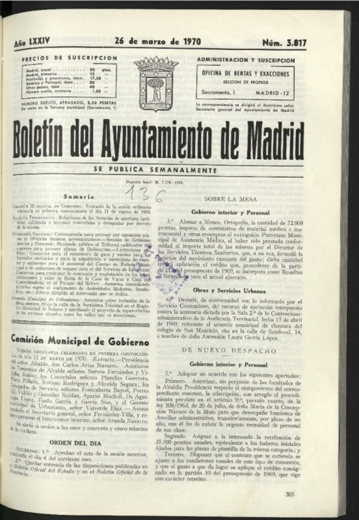 Miniatura de Boletín oficial del Ayuntamiento del 26 de marzo de 1970, nº 3817