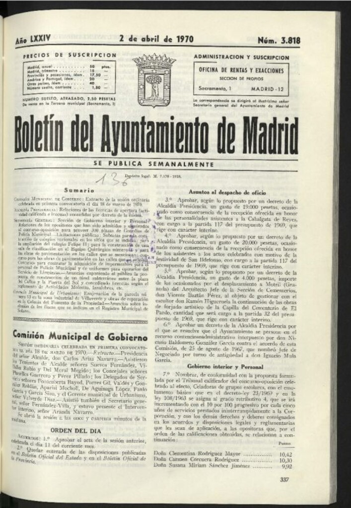 Miniatura de Boletín oficial del Ayuntamiento del 2 de abril de 1970, nº 3818