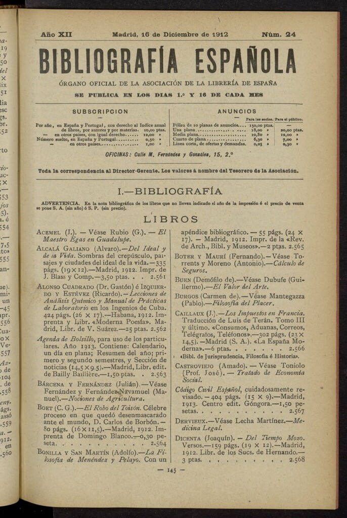 Miniatura de Bibliografía Española del 16 de diciembre de 1912