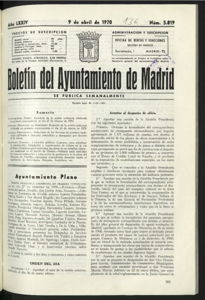Miniatura de Boletín oficial del Ayuntamiento del 9 de abril de 1970, nº 3819