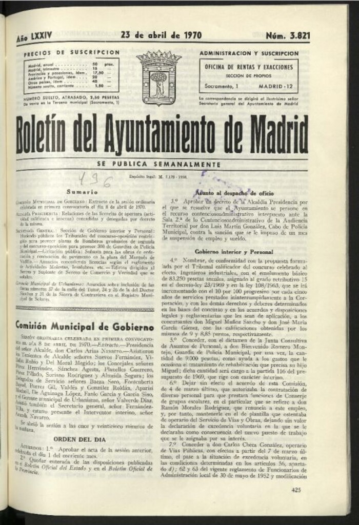 Miniatura de Boletín oficial del Ayuntamiento del 23 de abril de 1970, nº 3821