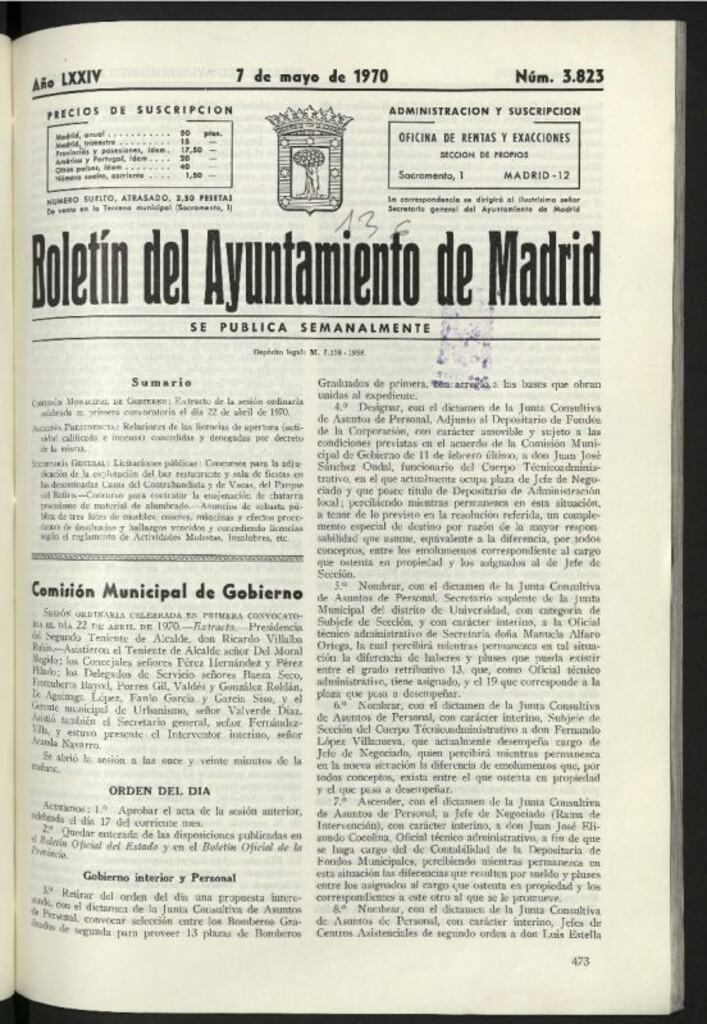 Miniatura de Boletín oficial del Ayuntamiento del 7 de mayo de 1970, nº 3823