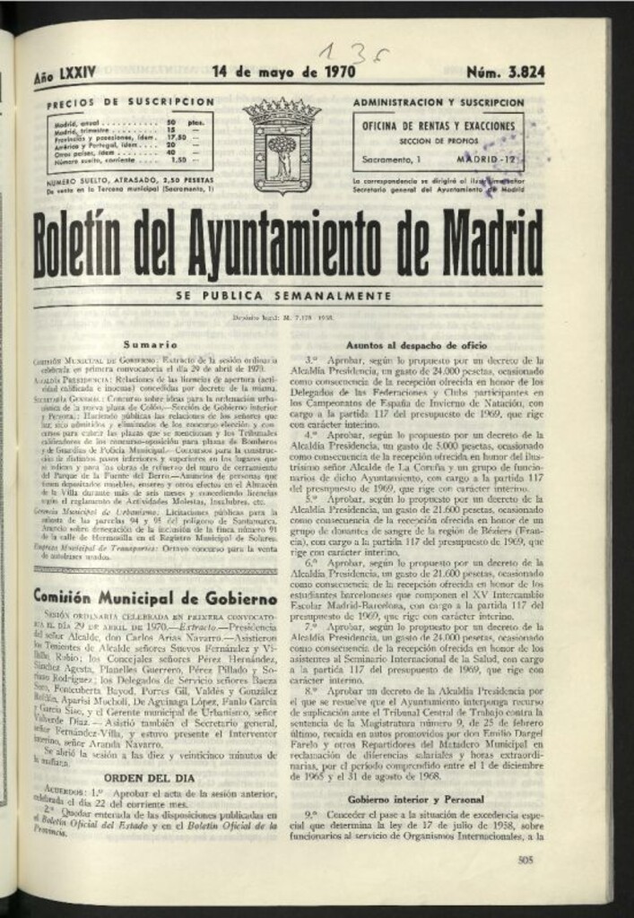 Miniatura de Boletín oficial del Ayuntamiento del 14 de mayo de 1970, nº 3824