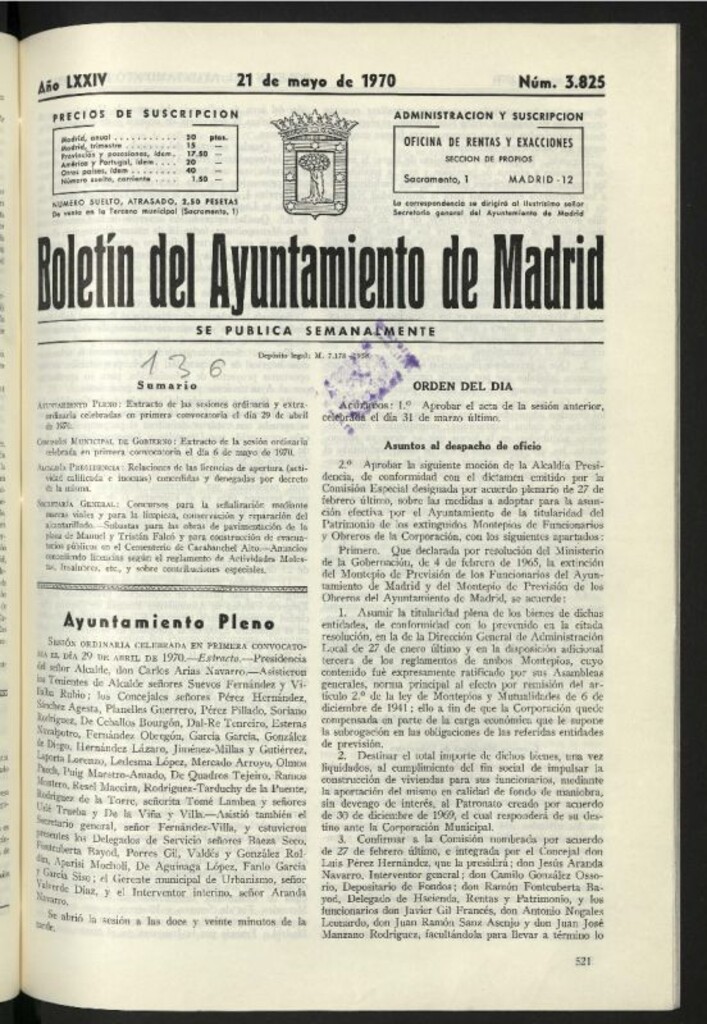 Miniatura de Boletín oficial del Ayuntamiento del 21 de mayo de 1970, nº 3825
